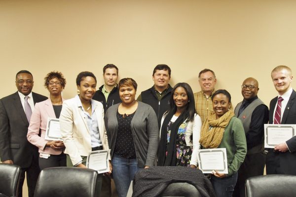 February 10, 2015 at the Center for Community and Economic Development. The committee advise, serve as advocates from local communities, help staff with project priorities, provide feedback on community activities held in the areas served by BEEP, and give insight on additional resources. Volunteers were honored for their contributions to the Project during 2014-2015.

Attending the meeting were: (front, l to r):  Renee White, BelFlex on-site manager; Resident assistants Faderricka Harvey, Tori Shelby, Porsha Gatson, and Taziana Blunt (back, l to r): Ezell Landrum, Delta Area Hospice community educator; Todd Davis, DSU director of outdoor recreation; Cecil Barnett, DSU grounds manager; Johnny Glorioso, DSU golf shop manager; Andre Harris, Walgreens district manager; J. C. Blackmon, external VP of Phi kappa Alpha. Not pictured: Marisol Doyle, Hey Joes manager; David Bagwell, Sonic Drive in of Cleveland owner; Rev. Bobby Williams, pastor of First Baptist Church in Merigold, MS.
