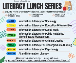 Jauary 21- Infor Literacy for Sociology; February 4- Info Literacy for Education and Humanities; February 18 Information Literacy for Social Work; March 4- Information Literacy for Public Relations, Marketing, Management; March 18 Information Literacy for Criminal Justice; April 1- Info literacy for Undergraduate Nursing; April 15 Information Literacy for Psychology; April 29- AI and Info Literacy