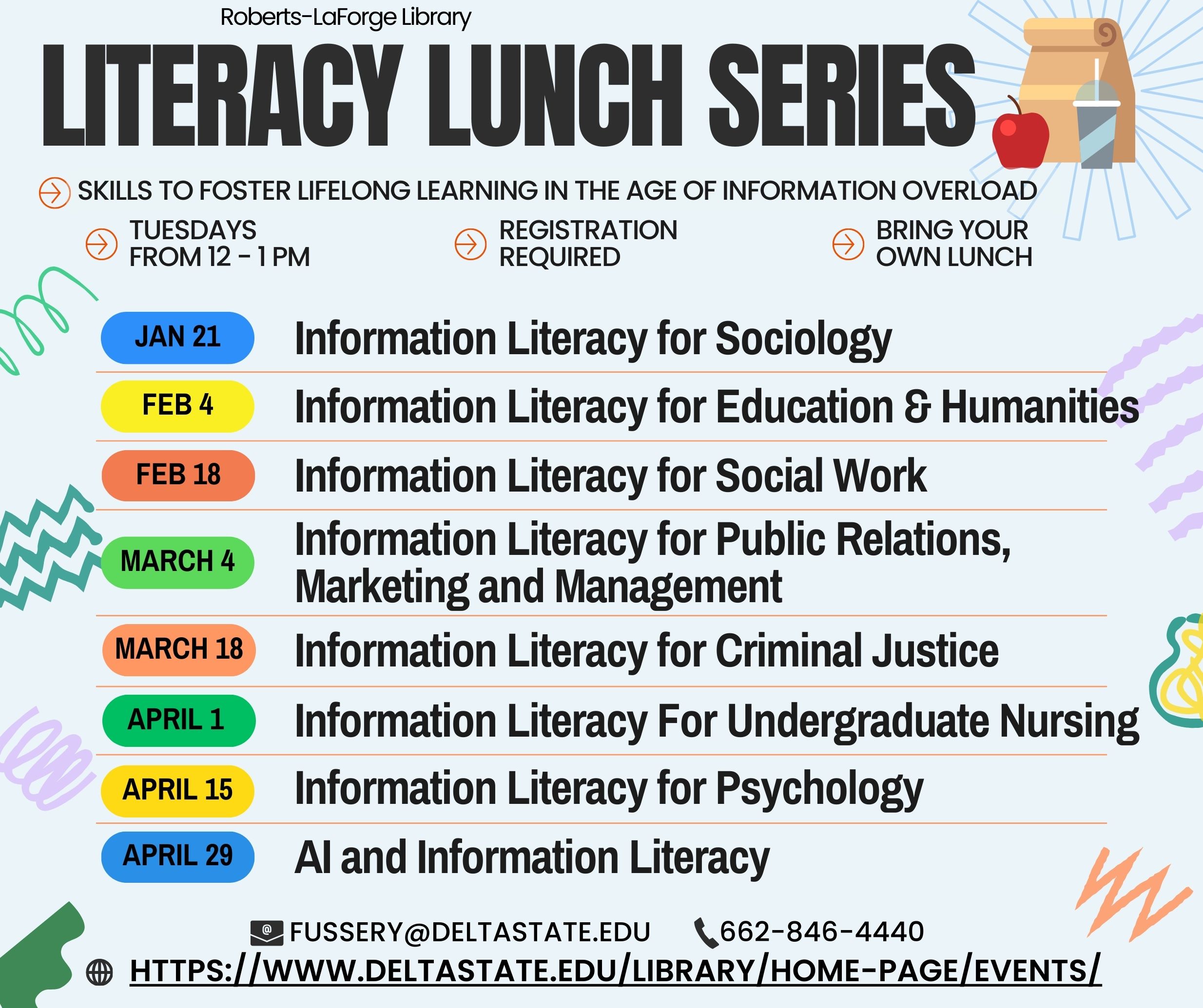 Jauary 21- Infor Literacy for Sociology; February 4- Info Literacy for Education and Humanities; February 18 Information Literacy for Social Work; March 4- Information Literacy for Public Relations, Marketing, Management; March 18 Information Literacy for Criminal Justice; April 1- Info literacy for Undergraduate Nursing; April 15 Information Literacy for Psychology; April 29- AI and Info Literacy