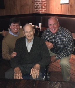 Chris Burgess '83 of Ridgeland, and Barry Lyons '84 of Ocean Springs, with former Statesmen baseball coach Boo Ferriss at The Warehouse in downtown Cleveland.