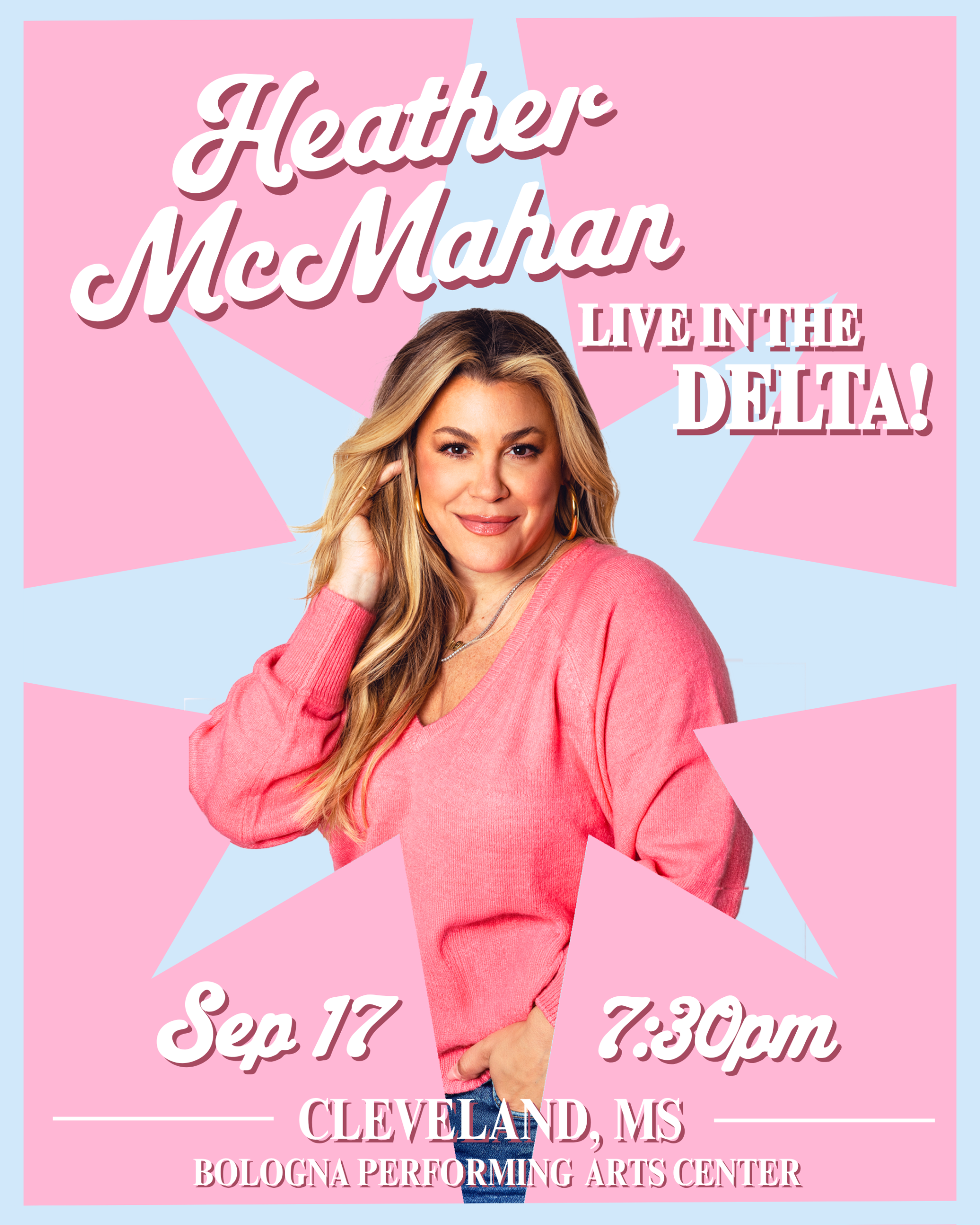 a flyer with a blonde woman in pink announcing a performance.