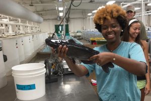 Student holding a fish during a hands-on aquatic research activity in a laboratory.