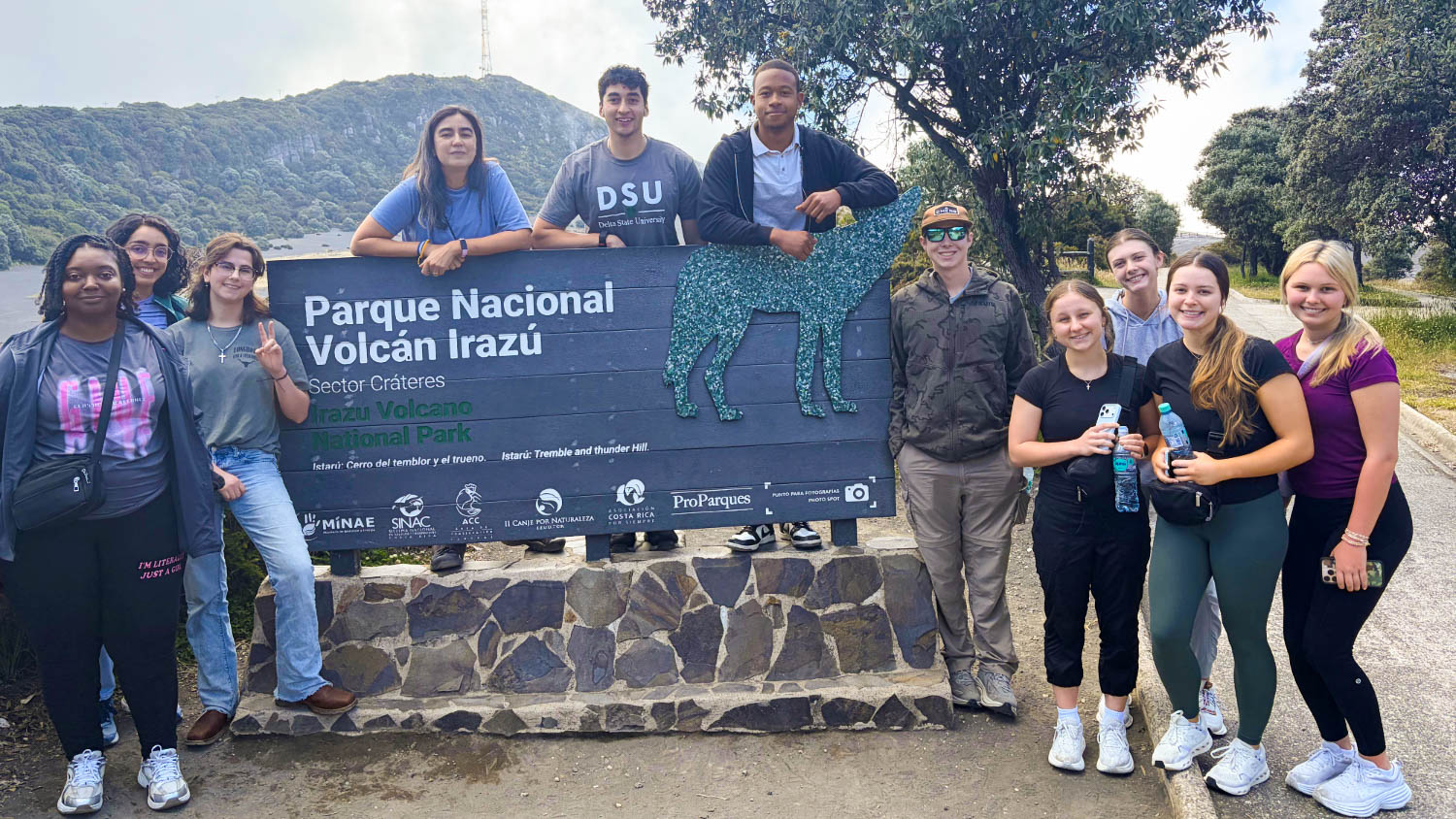 Delta State University students and faculty pose at Irazú Volcano National Park in Costa Rica during a study abroad trip.